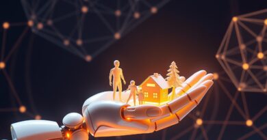 Robotyczna dłoń trzymająca świecące modele 3D na tle binarnych kodów, symbolizujące AI i potencjał 3D.