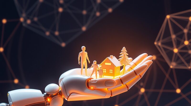 Robotyczna dłoń trzymająca świecące modele 3D na tle binarnych kodów, symbolizujące AI i potencjał 3D.