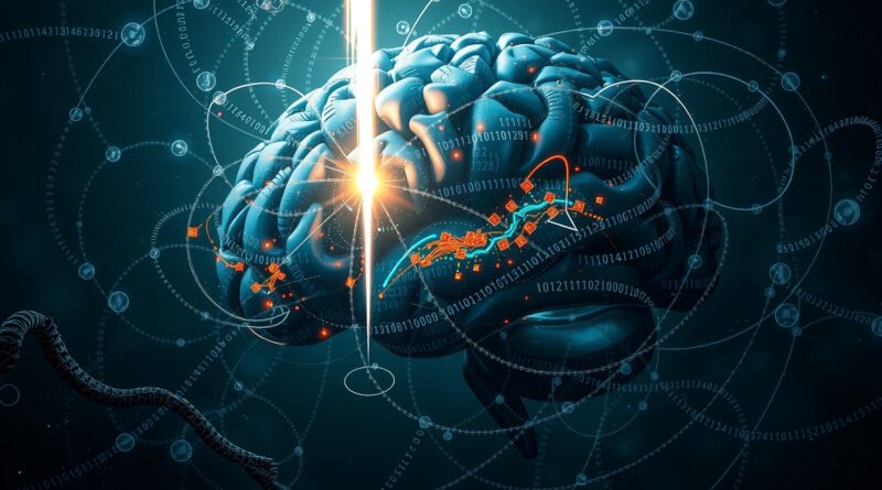 Mózg z binarnych kodów oświetlony postacią Miry Murati, symbolizujący potencjał nowego gracza AI.