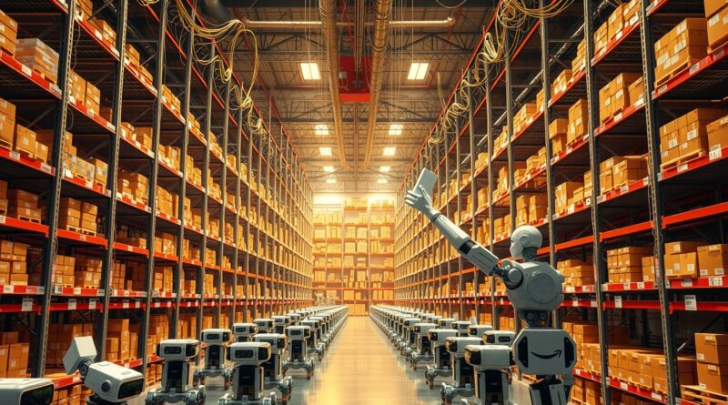 Gigantyczna sieć neuronowa pulsująca w magazynie Amazon, spajająca roboty i optymalizująca logistykę dzięki AI.