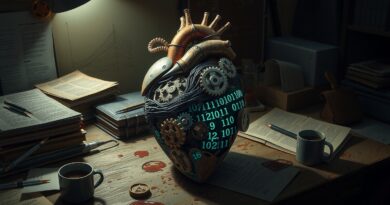 Rozmontowane, mechaniczne serce oplecione binarnym kodem na warsztacie, symbolizujące złożoność i kruchość AI w programowaniu po teście K Prize.