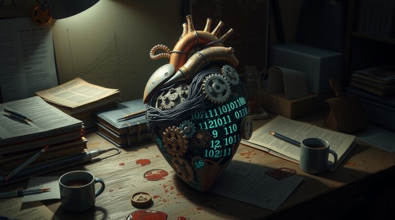 Rozmontowane, mechaniczne serce oplecione binarnym kodem na warsztacie, symbolizujące złożoność i kruchość AI w programowaniu po teście K Prize.