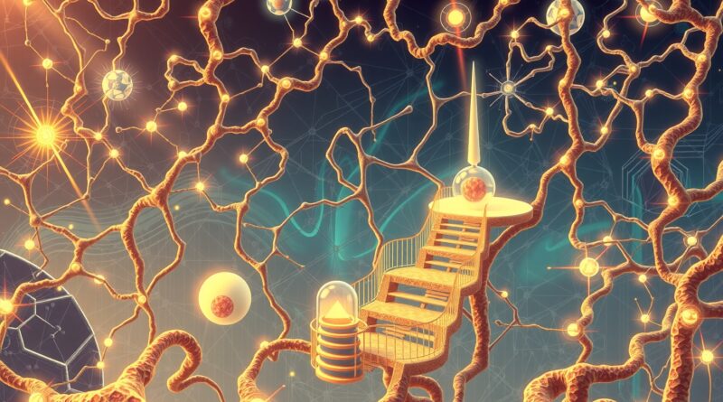 Surrealistyczny mózg z siecią neuronową, schodami Escher'a i geometrycznymi łamigłówkami, symbolizujący wizualne myślenie Mirage.
