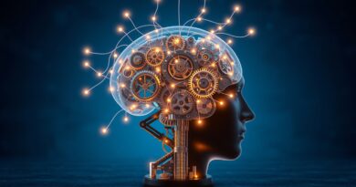 Mechaniczna głowa-mózg z kodem, symbolizuje wnioskowanie CoT w AI, na błękitnym tle.