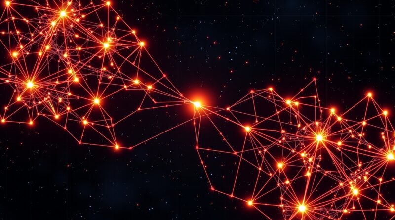 Połączone sieci neuronowe rozwiązują równania, tworząc geometryczne wzory na kosmicznym tle. Innowacyjna, otwarta współpraca AI w matematyce.