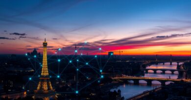 Paryski pejzaż o zmierzchu, wieża Eiffla spleciona z neuronowymi sieciami Mistral AI, symbol nowoczesnej technologii.