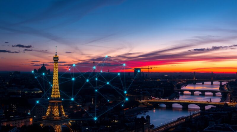 Paryski pejzaż o zmierzchu, wieża Eiffla spleciona z neuronowymi sieciami Mistral AI, symbol nowoczesnej technologii.