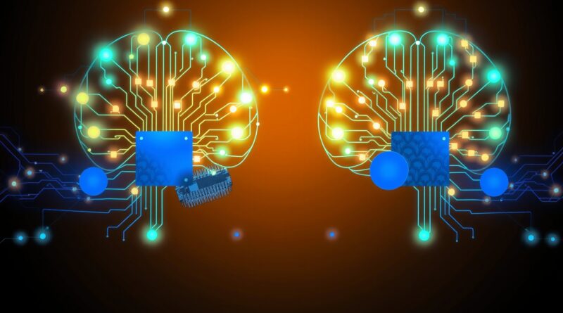 Abstrakcyjne, cyfrowe mózgi z obwodów i węzłów, symbolizujące logikę programowania i złożoność kodu.