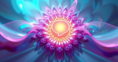 Iridescentny fraktal z fal dźwiękowych i pulsującą chmurką dymkową reprezentującą otwartą komunikację w AI audio.