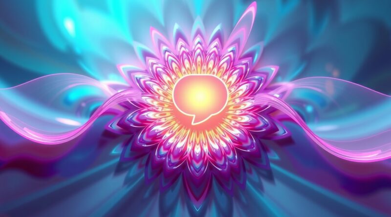 Iridescentny fraktal z fal dźwiękowych i pulsującą chmurką dymkową reprezentującą otwartą komunikację w AI audio.