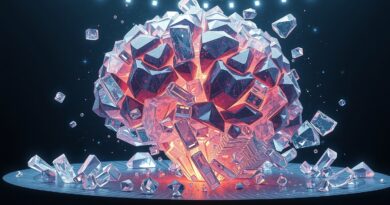 Olbrzymi, krystaliczny mózg odbudowywany z fragmentów, odzwierciedla kod i konstelacje językowe, symbolizując głębokie badania AI Mistral.