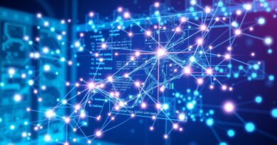 Abstrakcyjna sieć neonowych węzłów i linii na tle futurystycznego centrum danych, odzwierciedlająca innowacje w modelowaniu danych.