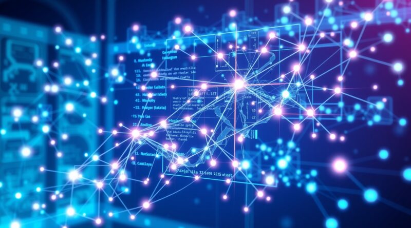 Abstrakcyjna sieć neonowych węzłów i linii na tle futurystycznego centrum danych, odzwierciedlająca innowacje w modelowaniu danych.