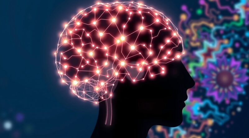Stylizowana, bioluminescencyjna sieć neuronowa w kształcie mózgu, symbolizująca zrozumienie i predykcję ludzkich zachowań przez AI.