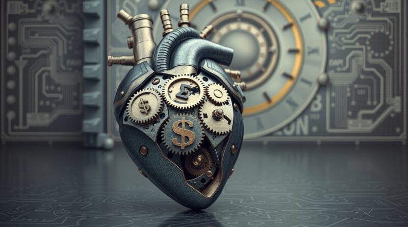 Skomplikowane, rozmontowane serce z zegarmistrzowskich części z symbolami finansowymi. Metafora sceptycyzmu finansów wobec A2A i MCP.