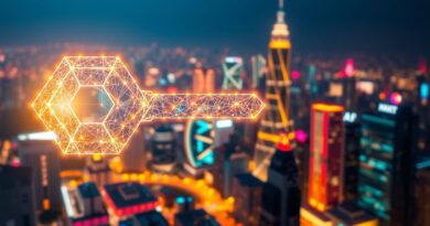 Klucz w kształcie sieci neuronowej odblokowuje futurystyczne miasto, symbolizując integrację agentów AI ze światem.