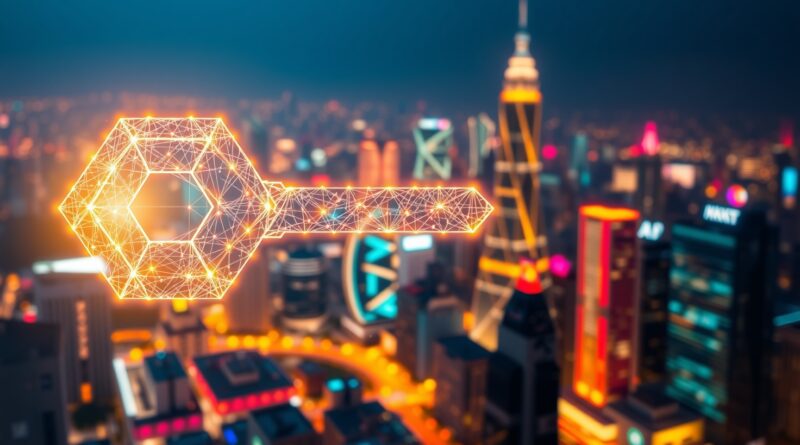 Klucz w kształcie sieci neuronowej odblokowuje futurystyczne miasto, symbolizując integrację agentów AI ze światem.