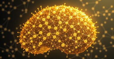 Złota sieć neuronowa w kształcie mózgu, postacie tagujące dane za kryptowaluty, futurystyczna wizja gospodarki opartej na AI.