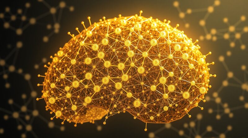 Złota sieć neuronowa w kształcie mózgu, postacie tagujące dane za kryptowaluty, futurystyczna wizja gospodarki opartej na AI.