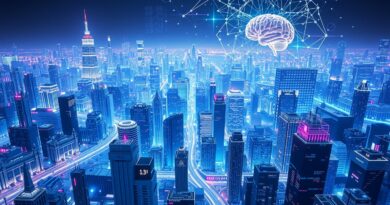 Futurystyczne miasto z węzłami sieci neuronowych. Synteza ludzkiego umysłu z AI w głębokich błękitach i zieleni.