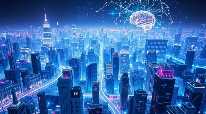 Futurystyczne miasto z węzłami sieci neuronowych. Synteza ludzkiego umysłu z AI w głębokich błękitach i zieleni.