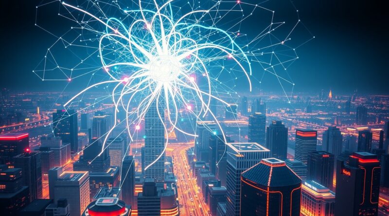 Abstrakcyjna sieć neuronowa LLM nad zniszczonym miastem. Cybernetyczne macki symbolizują ofensywę i defensywę AI w cyberbezpieczeństwie.