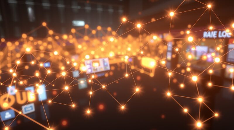Świecąca sieć węzłów symbolizująca modele świata AI, łącząca elementy wirtualne i rzeczywistość.