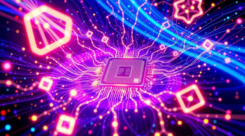 Abstrakcyjna wizualizacja przetwarzania danych: chip CPU w wirze kolorowych danych i fraktali.