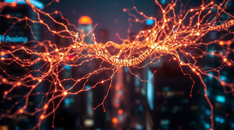 Abstrakcyjna makrofotografia neuronowych połączeń AI pulsujących w futurystycznym mieście. Inteligencja i bezpieczeństwo systemów AI.