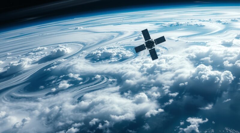 Ziemia z kosmosu, artystyczne chmury, siatka celownicza. Ilustracja inteligentnego satelity NASA.