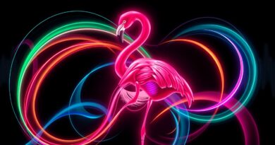 Abstrakcyjne, neonowe fale dźwiękowe tworzące sylwetkę flaminga na ciemnym tle. AI rozumie dźwięk.