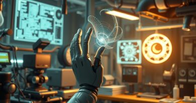 Robotyczna dłoń sięga po obiekt z kodu i energii w futurystycznym laboratorium NVIDIA GraspGen.