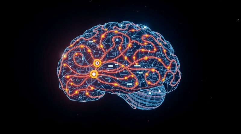 Cyfrowy mózg z świecących obwodów, symbolizujący zaawansowane rozumowanie i sztuczną inteligencję OpenReasoning-Nemotron od NVIDIA.