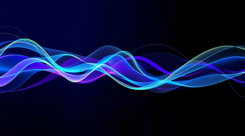 Abstrakcyjna wizualizacja fal dźwiękowych i tekstu jako połączeń neuronowych w barwach NVIDIA.