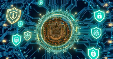 Abstrakcyjne, niebiesko-zielone sanktuarium cyfrowe chroni rdzeń modelu językowego. Obwody i tarcze symbolizują bezpieczeństwo AI.