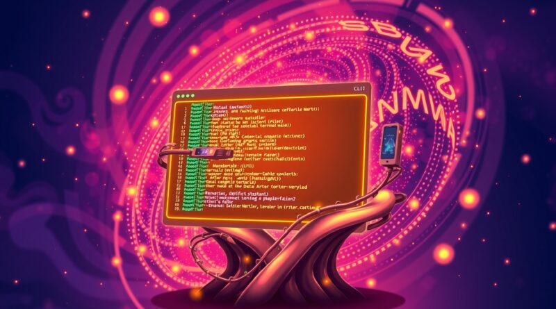 Stylizowany terminal CLI wyłaniający się z wiru kodu, symbolizujący rewolucję AI w rozwoju oprogramowania.