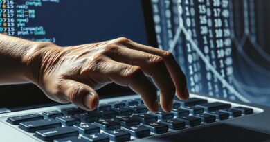 Zestarzała dłoń nad podświetloną klawiaturą. Rozmyte klawisze, chaos binarny. Refleksja nad wpływem AI na kodowanie.