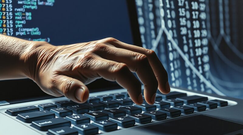 Zestarzała dłoń nad podświetloną klawiaturą. Rozmyte klawisze, chaos binarny. Refleksja nad wpływem AI na kodowanie.