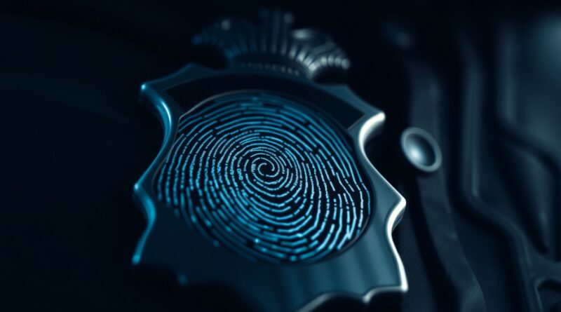 Cyfrowy odcisk palca z kodu na tle odznaki policyjnej. Mroczne barwy, brak transparentności, AI i policja.