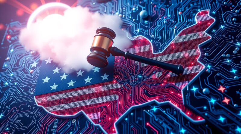 Futurystyczna płyta główna z flagą USA, cyfrowy młotek sędziowski, binarny kod, symbolizujące AI w deregulacji prawa.