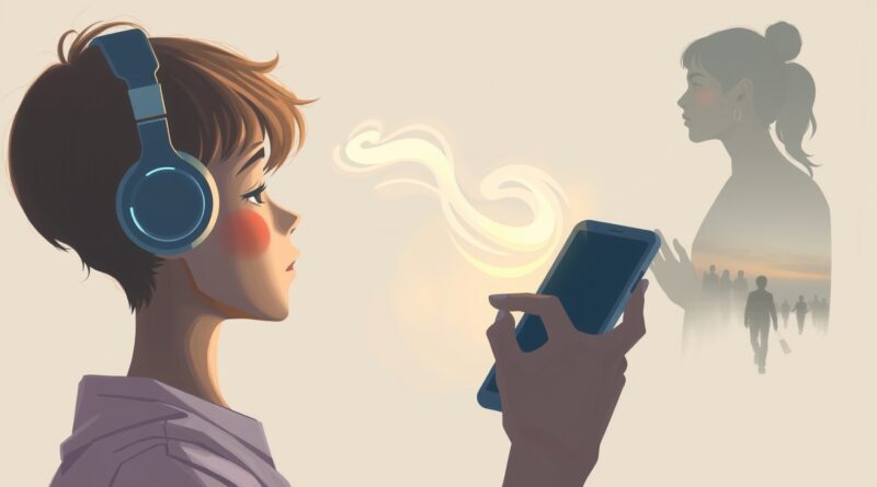 Zamyślony nastolatek z telefonem, z którego wyłania się świetlista postać AI, w tle rozmyte relacje.