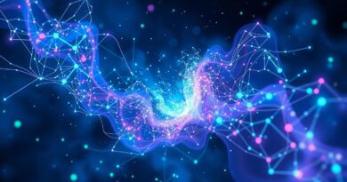 Abstrakcyjna nebula z danych IoT: niebiesko-fioletowo-zielona sieć urządzeń brzegowych transferujących dane.