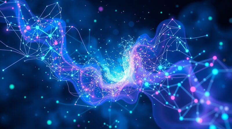 Abstrakcyjna nebula z danych IoT: niebiesko-fioletowo-zielona sieć urządzeń brzegowych transferujących dane.