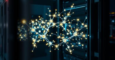 Abstrakcyjna wizualizacja centrum danych: świecąca sieć neuronowa wewnątrz serwerowni symbolizuje infrastrukturę AI.