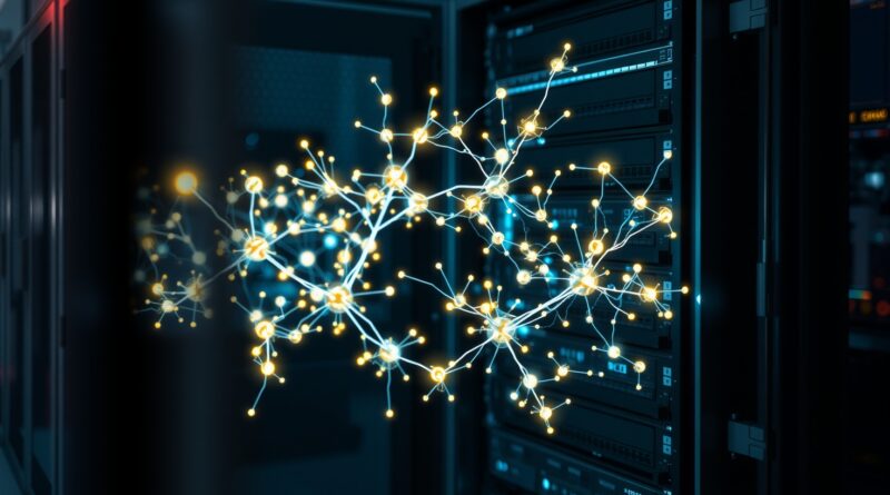 Abstrakcyjna wizualizacja centrum danych: świecąca sieć neuronowa wewnątrz serwerowni symbolizuje infrastrukturę AI.