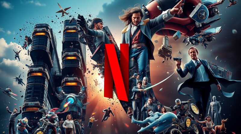 Kolosalne "N" Netflixa rozpadające się i odbudowujące z kodu, ukazujące fragmenty scen filmowych.