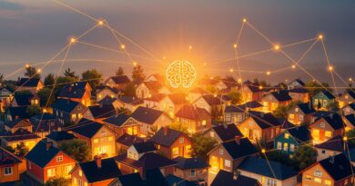 Kolorowa sieć domów spleciona cyfrowymi połączeniami, z subtelną sylwetką mózgu AI. Dusk, Art Station.