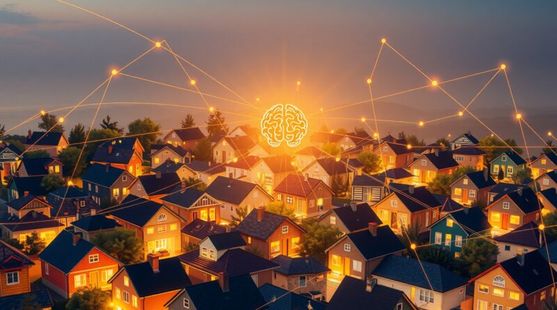 Kolorowa sieć domów spleciona cyfrowymi połączeniami, z subtelną sylwetką mózgu AI. Dusk, Art Station.
