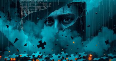 Połamany ekran komputera z kodem w deszczu, odbicie sfrustrowanej twarzy, puzzle i błędy. Awaria Claude Code.