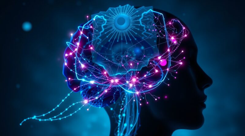 Abstrakcyjna sieć neuronowa w rozfragmentowanym mózgu symbolizuje nieprzewidywalne rozumowanie AI, nadzorowane przez cyfrowe oko.